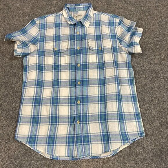 Lucky Brand Shirt L Blue Plaid Short Sleeve Linen Blend Pockets - Picture 1 of 8